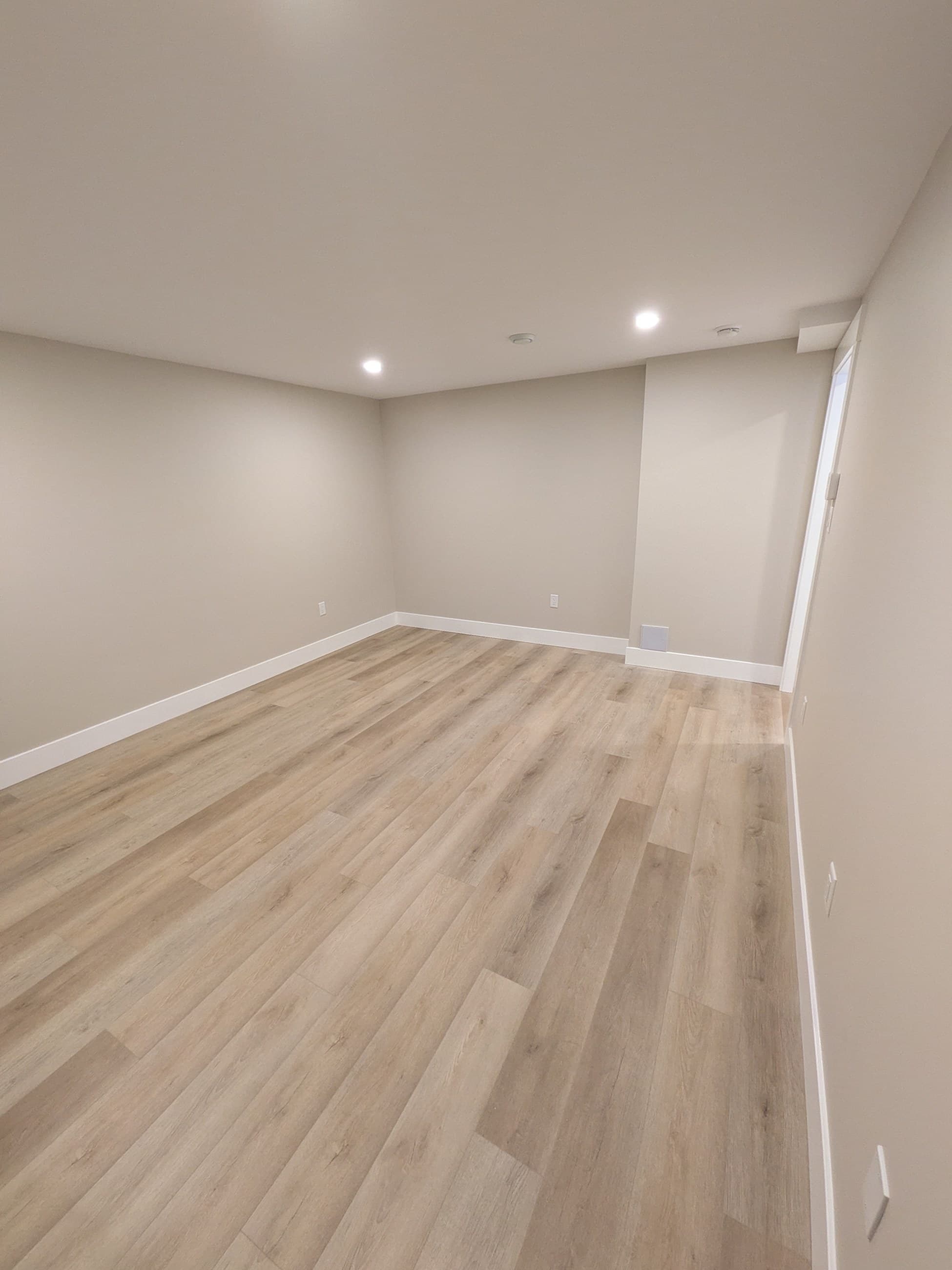 Finished basement room with light-toned plank flooring and recessed ceiling lights