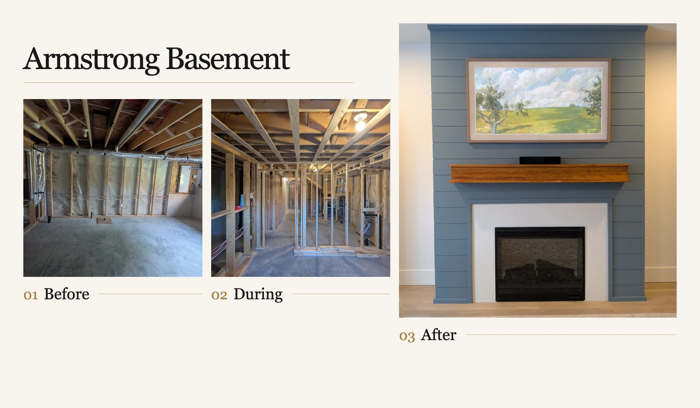 Armstrong Basement project story: unfinished room, framing stage, and completed blue fireplace feature wall