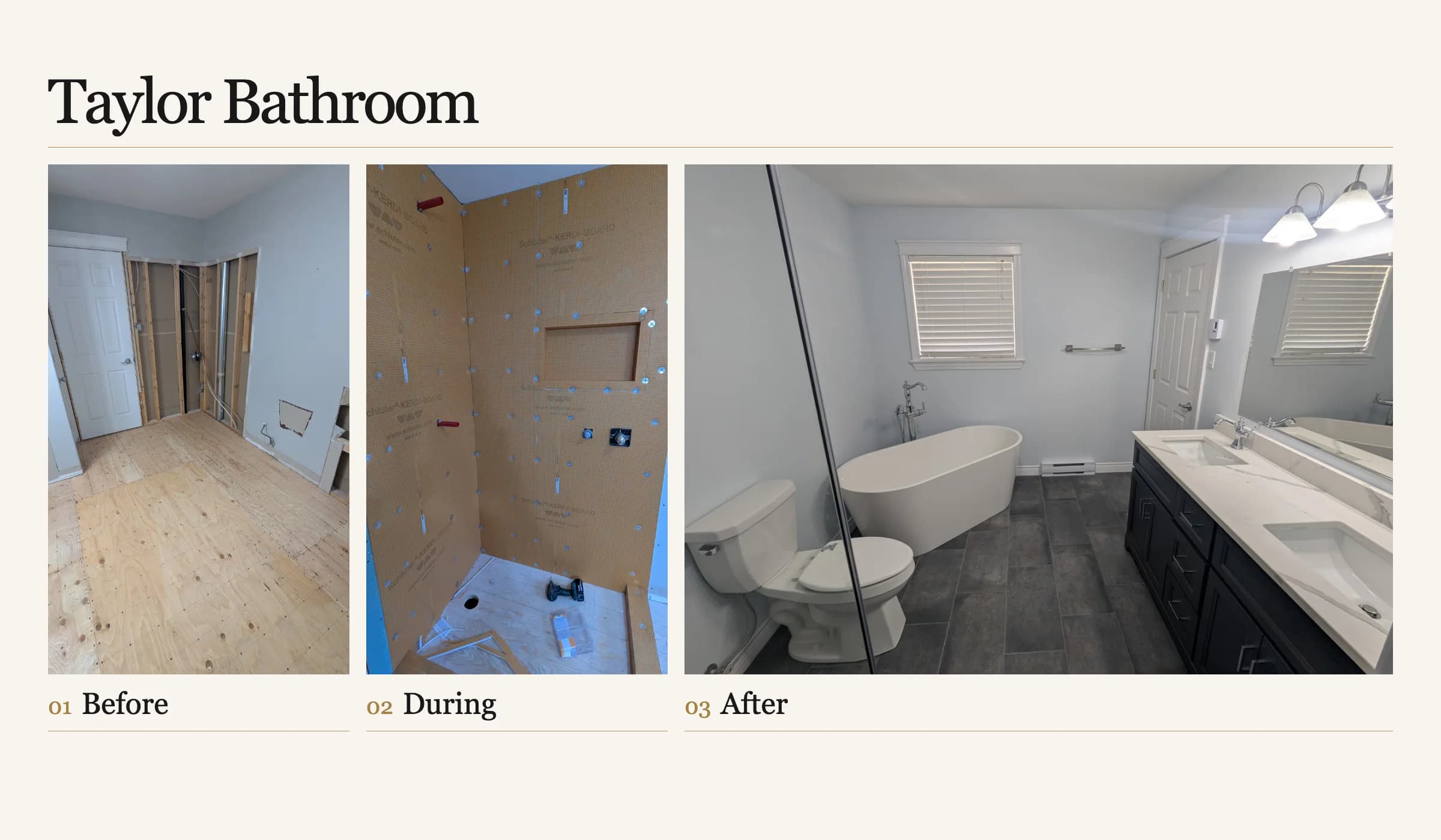 Taylor Bathroom project story: exposed framing before renovation, shower wall preparation during construction, and the completed bathroom