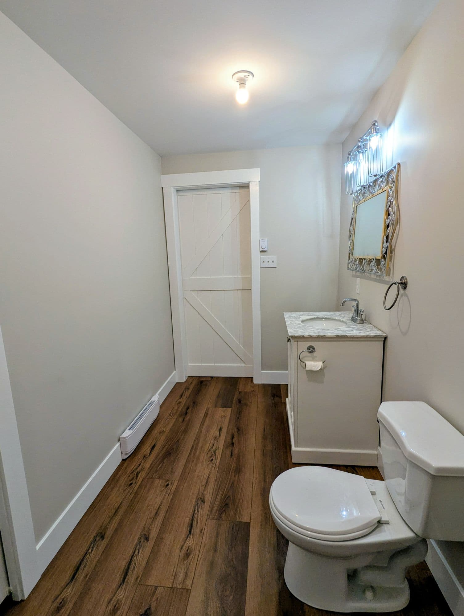 Finished basement bathroom with an ornate mirror, vanity light, and barn-style closet door