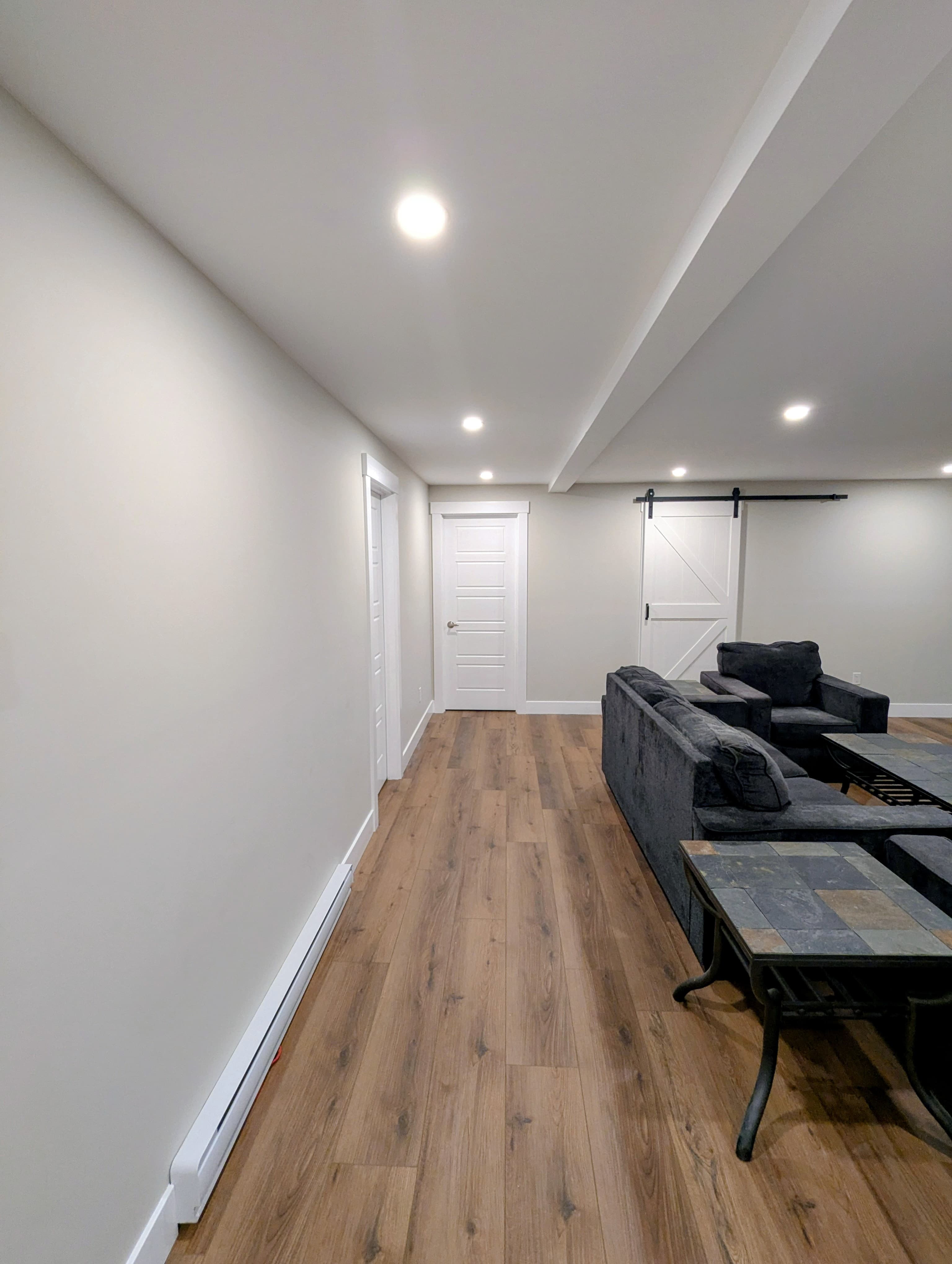 Hallway leading into the finished basement family room, with a sliding barn door and hardwood-look flooring